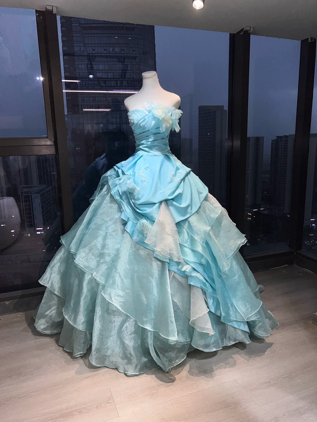 Ice Blue Strapless Princess Ball Gown Beaded Embroidery 3D Flower Ruched Satin Tiered Organza Long Evening Gown  NV7001