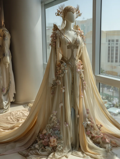 Champagne Elf Fairy Chiffon Gown with Cape Sleeves & 3D Florals  NV7509
