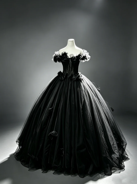 Black Vintage Gothic Prom Dress Off Shoulder Ruffle Puff Sleeve Corset Multi-Layer Tulle Ball Gown With 3D Flower Evening Formal Dress  NV6935