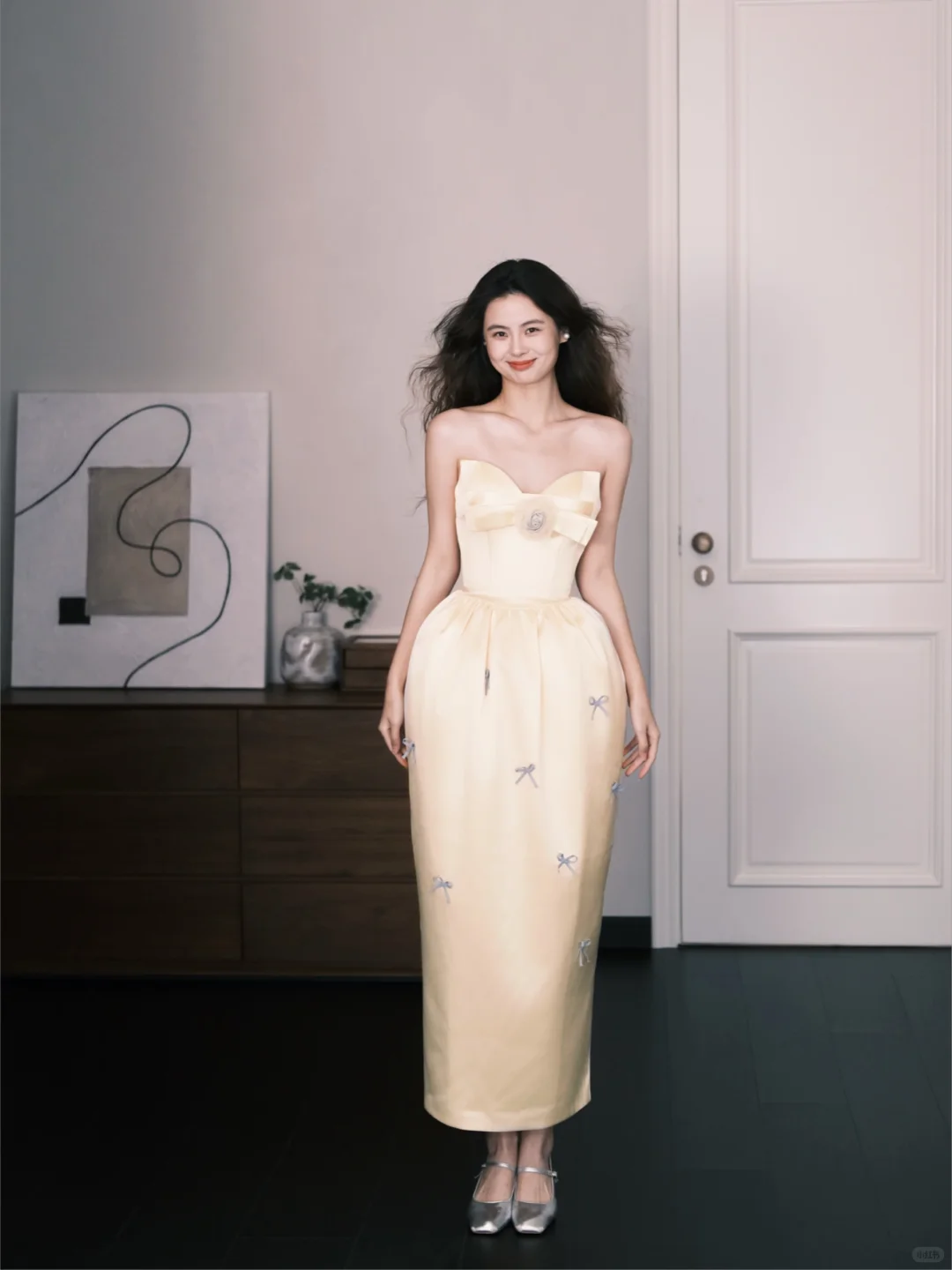 Sweetheart Strapless Yellow Satin Midi Dress, Bow Detail Formal Evening Gown  NV7355