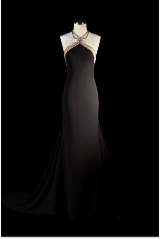 Robe de mariée sirène en satin noir à col halter et perles colorées NV6236
