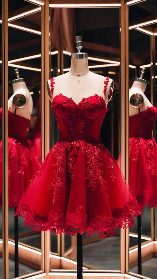 Red lace applique short tulle homecoming dress birthday party dress nv4932