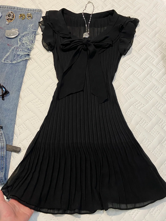 Black V Neck Chiffon Short Homecoming Dress Flutter Ruffle Sleeve Bow Front Pleated A-Line Vintage Cocktail Gown  NV6913
