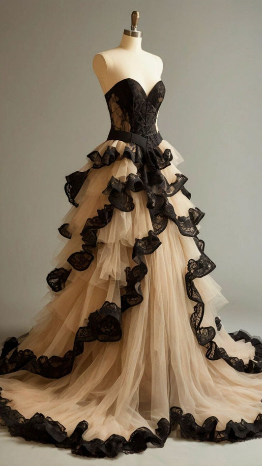 Robe gothique longue sans manches en tulle et dentelle à panneaux noirs et nude, modèle NV6204