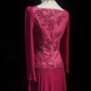 Square Neck Magenta Vintage Midi Prom Dress Long Sleeve Chiffon Lace Floral Appliques Beaded Formal Gown  NV6902