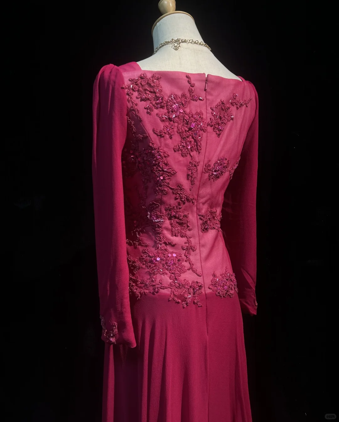 Square Neck Magenta Vintage Midi Prom Dress Long Sleeve Chiffon Lace Floral Appliques Beaded Formal Gown  NV6902