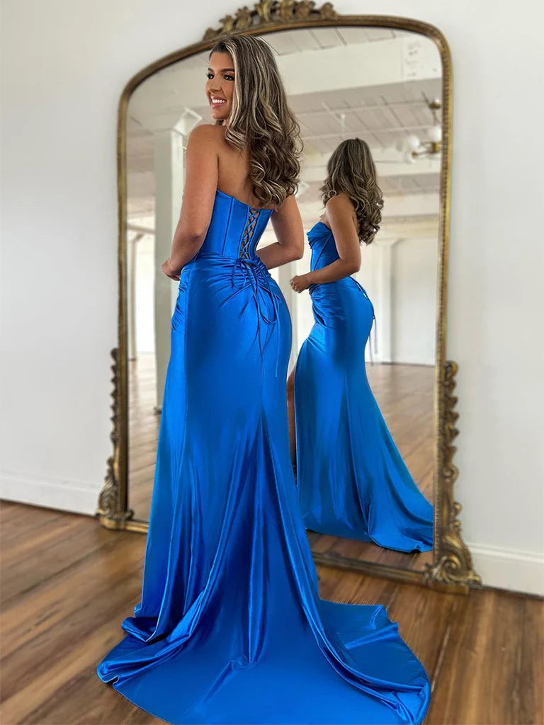 Blue Sweetheart Neck Mermaid Long Prom Dress, Blue Satin Evening Dress nv1520
