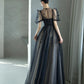 Black Tulle Puffy Short Sleeves A-Line Prom Dress, Black Evening Dress Party Dress nv1698