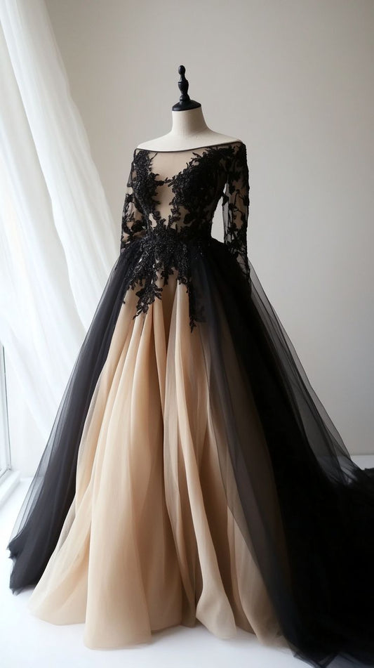 Robe de mariée style palais sombre, manches longues en dentelle | Robe longue de bal en tulle noir et nude avec traîne, idéale pour une soirée rétro ou un gala (NV6259)