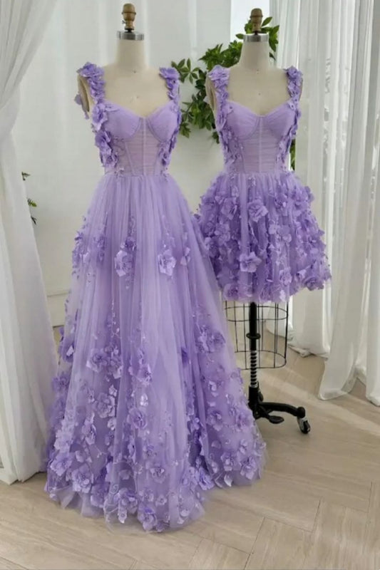 NiceVestidos-_Purple floral tulle long/short dress NV6004