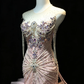 Sleeveless Dusty Pink Mermaid Prom Dress Rhinestone Beaded Tiered Ruffle Tulle Long Train Evening Gown  NV6988