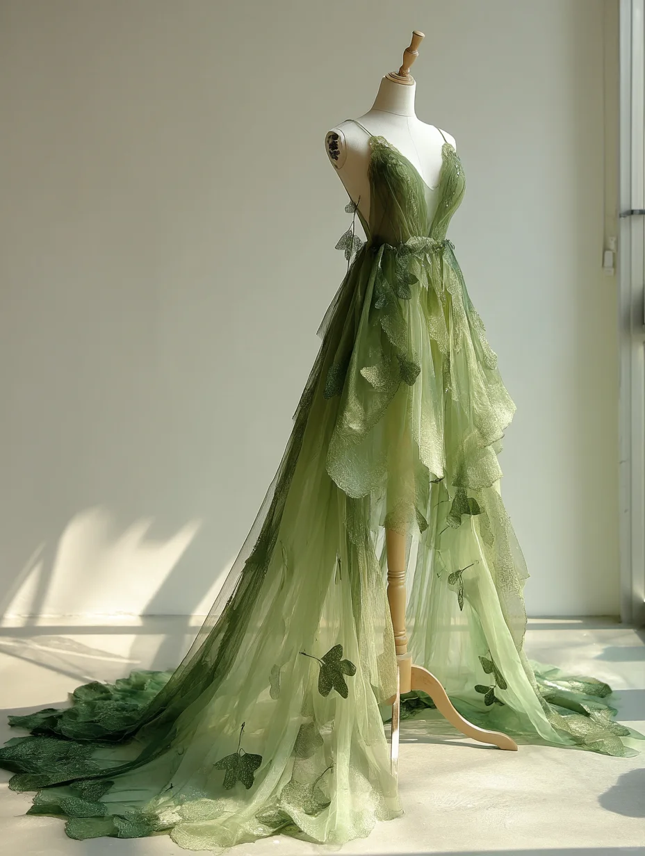 Gradient Green Fairy Tulle Gown with Spaghetti Strap and Maple Leaf Appliqué  NV7498