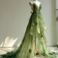 Gradient Green Fairy Tulle Gown with Spaghetti Strap and Maple Leaf Appliqué  NV7498