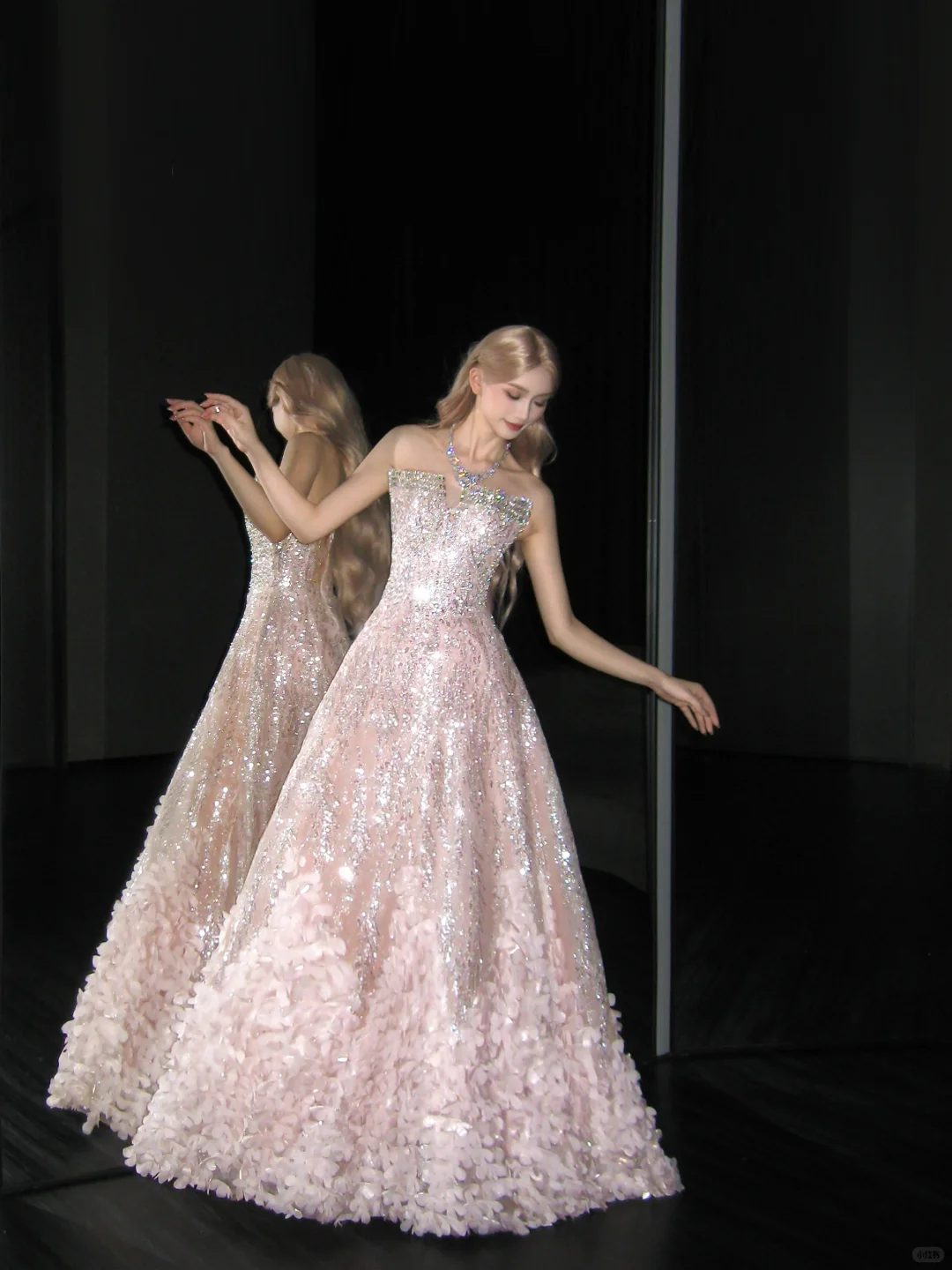 Strapless Light Pink Ball Gown Prom Dress, Sequin 3D Petal Evening Gown  NV7107