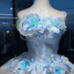 Light Blue Strapless Princess Ball Gown 3D Flower Lace Embroidery Tiered Ruffle Organza Long Evening Gown  NV7007