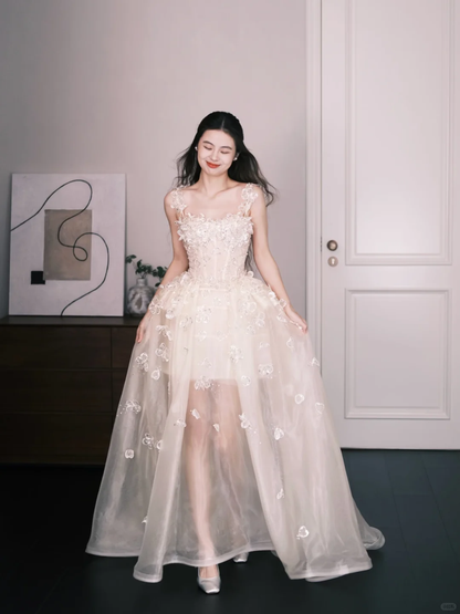 Spaghetti Strap 3D Flower Sheer Tulle Prom Dress, Square Neck Formal Gown  NV7337