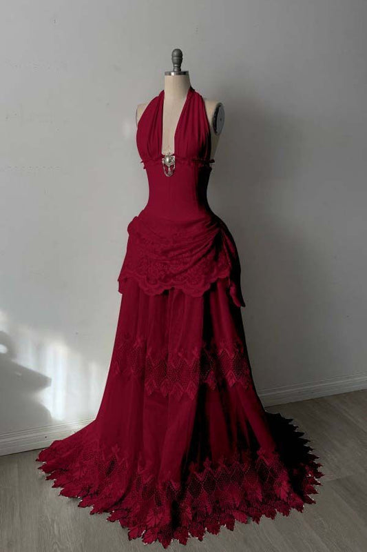 Robe longue rouge en dentelle délicate NV6688