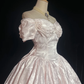 Off Shoulder Pale Pink Vintage Tea Length Prom Dress Jacquard Satin Puff Sleeve Floral Pattern A-Line Formal Gown  NV6900