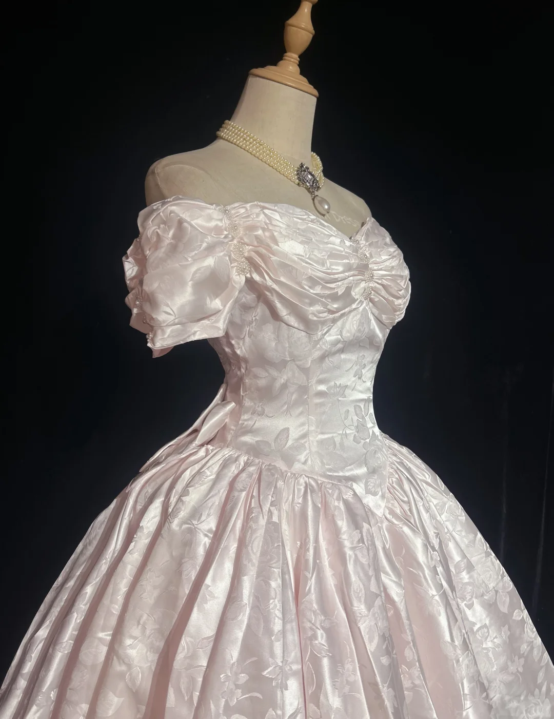 Off Shoulder Pale Pink Vintage Tea Length Prom Dress Jacquard Satin Puff Sleeve Floral Pattern A-Line Formal Gown  NV6900