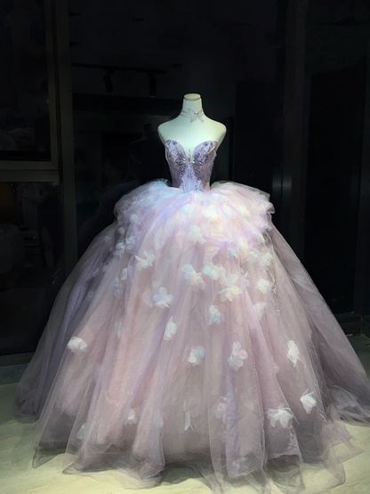 Lavender 3D Floral Tulle Long Evening Gown Strapless Puffy Ball Gown Prom Dress  NV7063