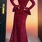 Robe de soirée vintage en dentelle bordeaux à traîne ajustée et col montant et manches évasées NV6794