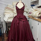 Robe longue dos nu sans manches en satin bordeaux | Robe de bal élégante et luxueuse à franges pour gala NV6299