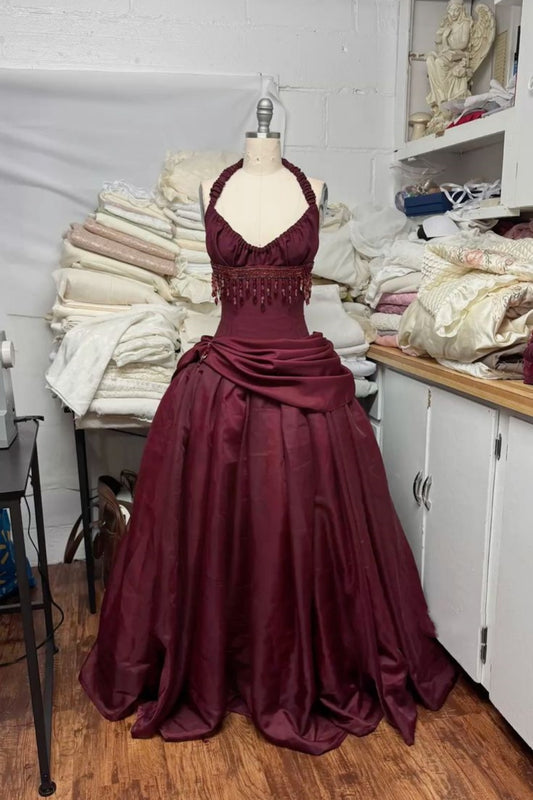 Halter Sleeveless Burgundy Satin Maxi Dress | Luxury Elegant Tassel Waist Ball Gown for Gala Ball NV6299