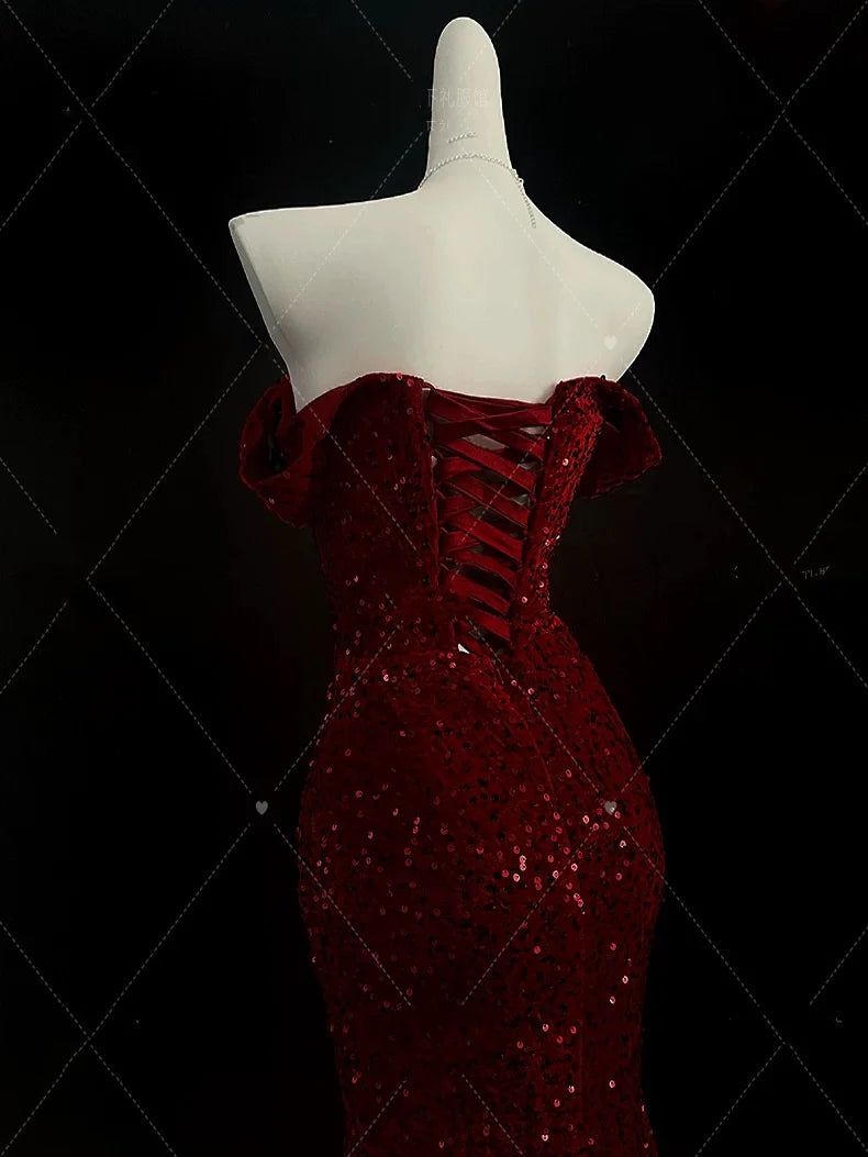 Classy Mermaid Sweetheart Red Slit Sequin Long Evening Gowns Prom Dress nv4151