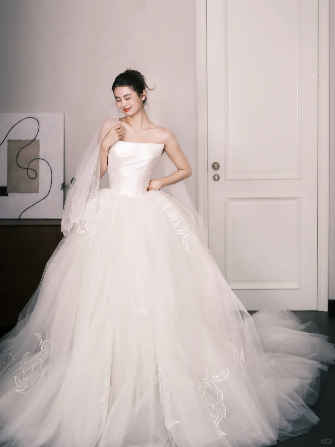 Strapless Draped Satin Tulle Wedding Dress with Rose Embroidery  NV7361