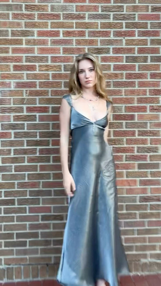 Silver Vintage Fashion Elegant Long Satin Formal Prom Dress Evening Gown Party Dress nv3646