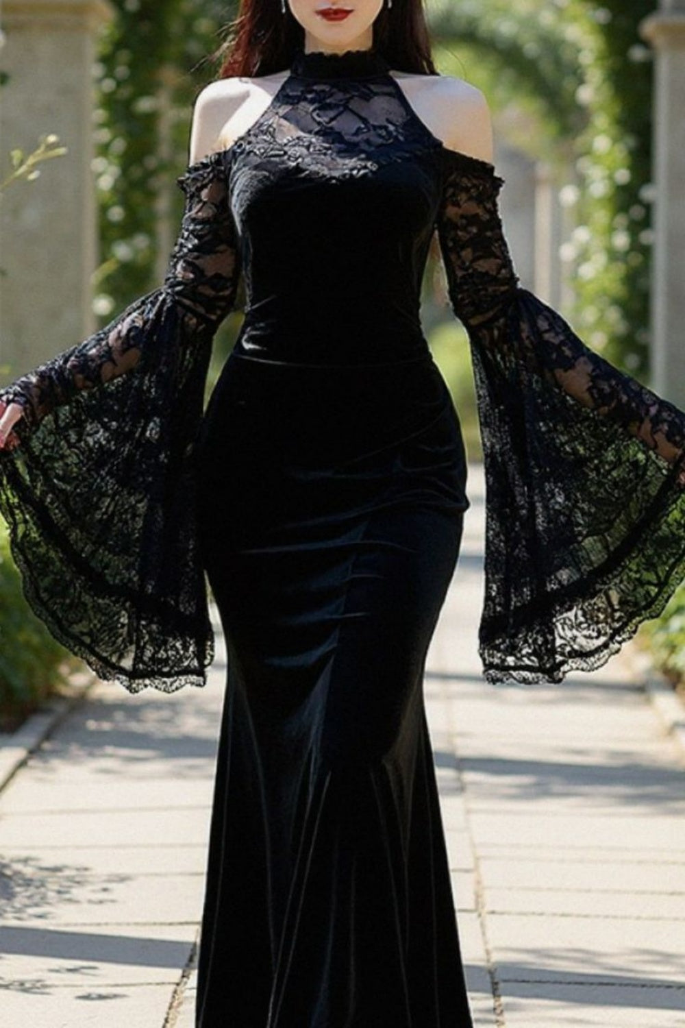 NiceVestidos-_Gothic off-the-shoulder lace gown, long velvet, witch-inspired elegance NV6012