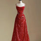 Burgundy Fashion Shiny Elegant Exquisite Beaded Spaghetti Strap Long Sequined Ball Gown Evening Dress nv3593