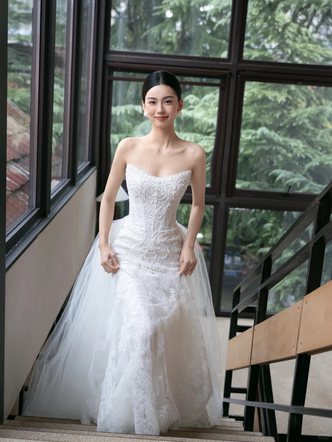 Ivory Strapless Lace Sequin Mermaid Wedding Gown Detachable Tulle Train  NV7192