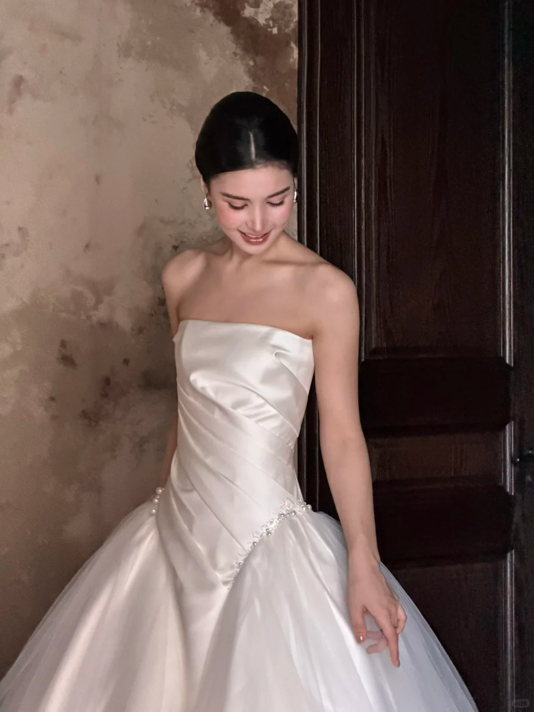Ivory Strapless Satin Tulle A-Line Wedding Gown with Beaded Waist  NV7191