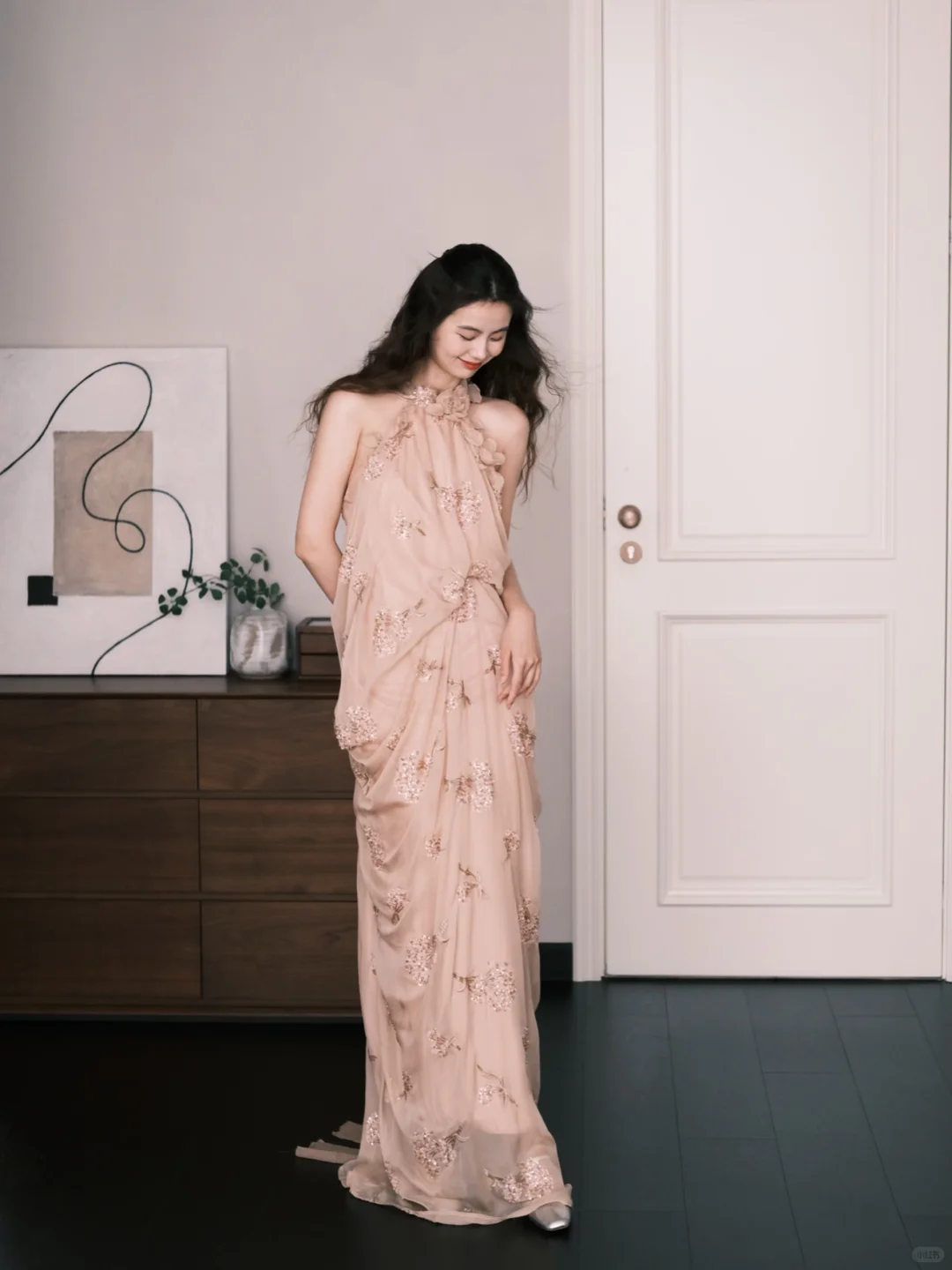 Nude Pink Halter Chiffon Prom Dress 3D Floral Beaded Evening Gown  NV7209