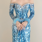 Ice Blue Sequin Off Shoulder Mermaid Prom Gown Long Sleeve Feather Formal Dress  NV7170