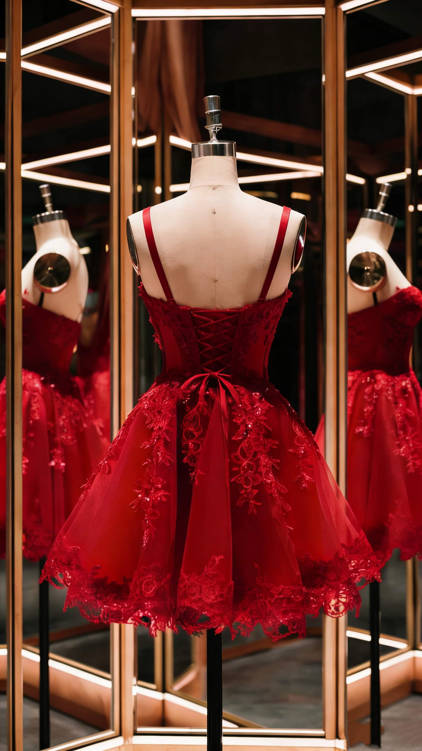 Robe courte en tulle à fines bretelles et application de dentelle rouge, idéale pour la rentrée scolaire ou une fête d'anniversaire (Nv4932)