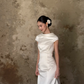 Ivory Cap Sleeve Satin Mermaid Wedding Gown Fold Collar  NV7187