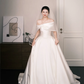 Off Shoulder Twist Ruched Satin Wedding Dress with Long Train  NV7376