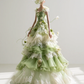 Spaghetti Strap Green Fairy Evening Gown, Cascading 3D Flowers, Ruffled Organza Lace Ball Gown for Photoshoot  NV7468