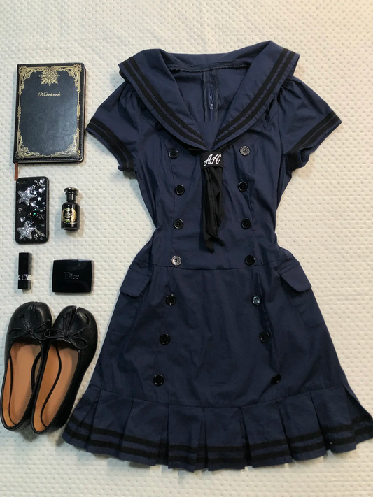 Navy Blue Sailor Short Homecoming Dress Collar Stripe Puff Sleeve Pleated Vintage Cocktail Gown  NV6926