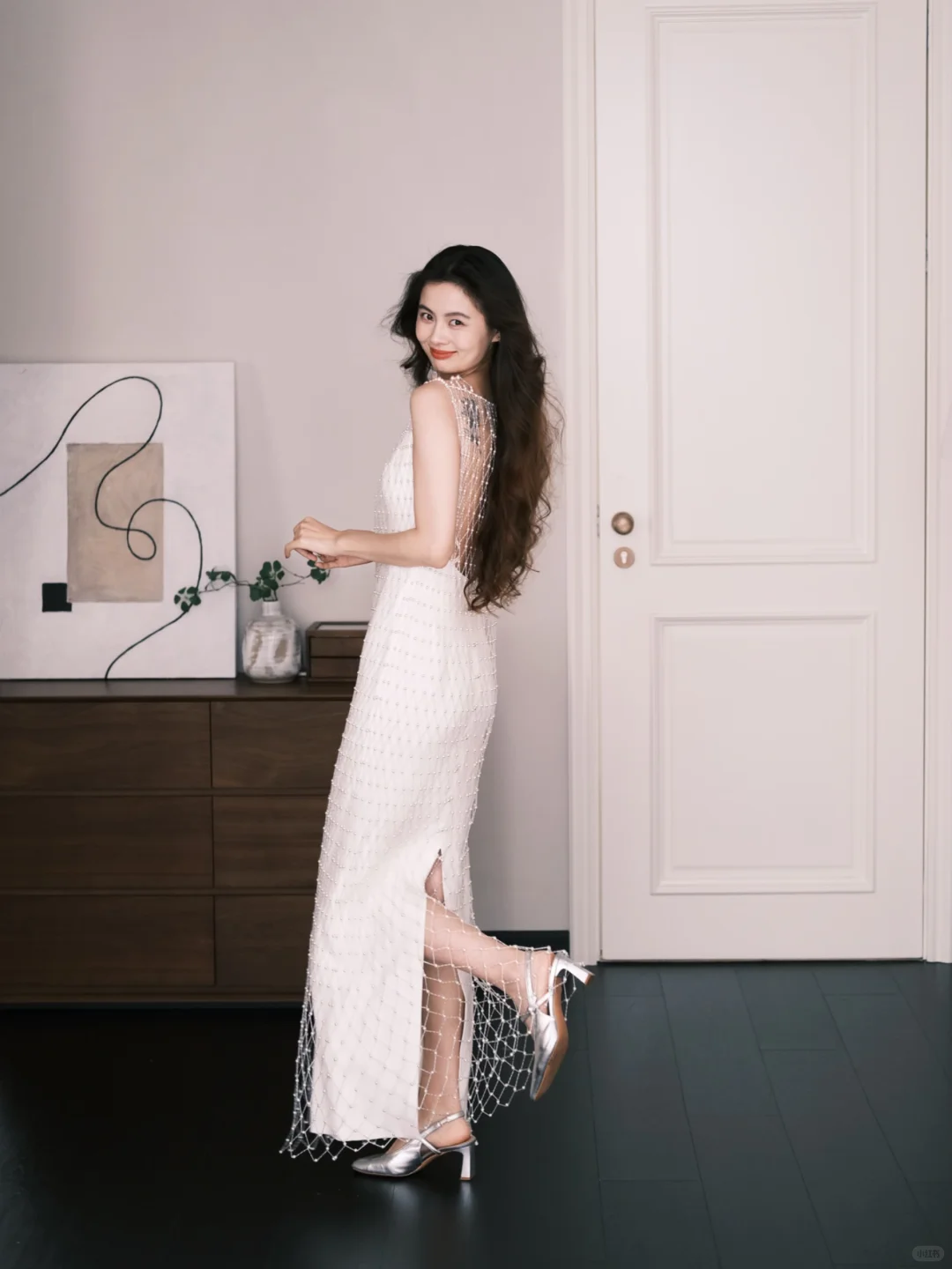 White Halter Grid Beaded Fringe Evening Gown  NV7224