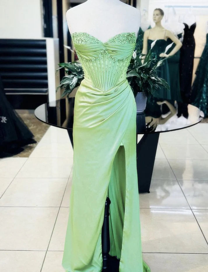 Green Gorgeous Shiny Exquisite Beaded Long satin Slit Elegant Sexy Ball Gown Evening Dress Party Dress nv4147