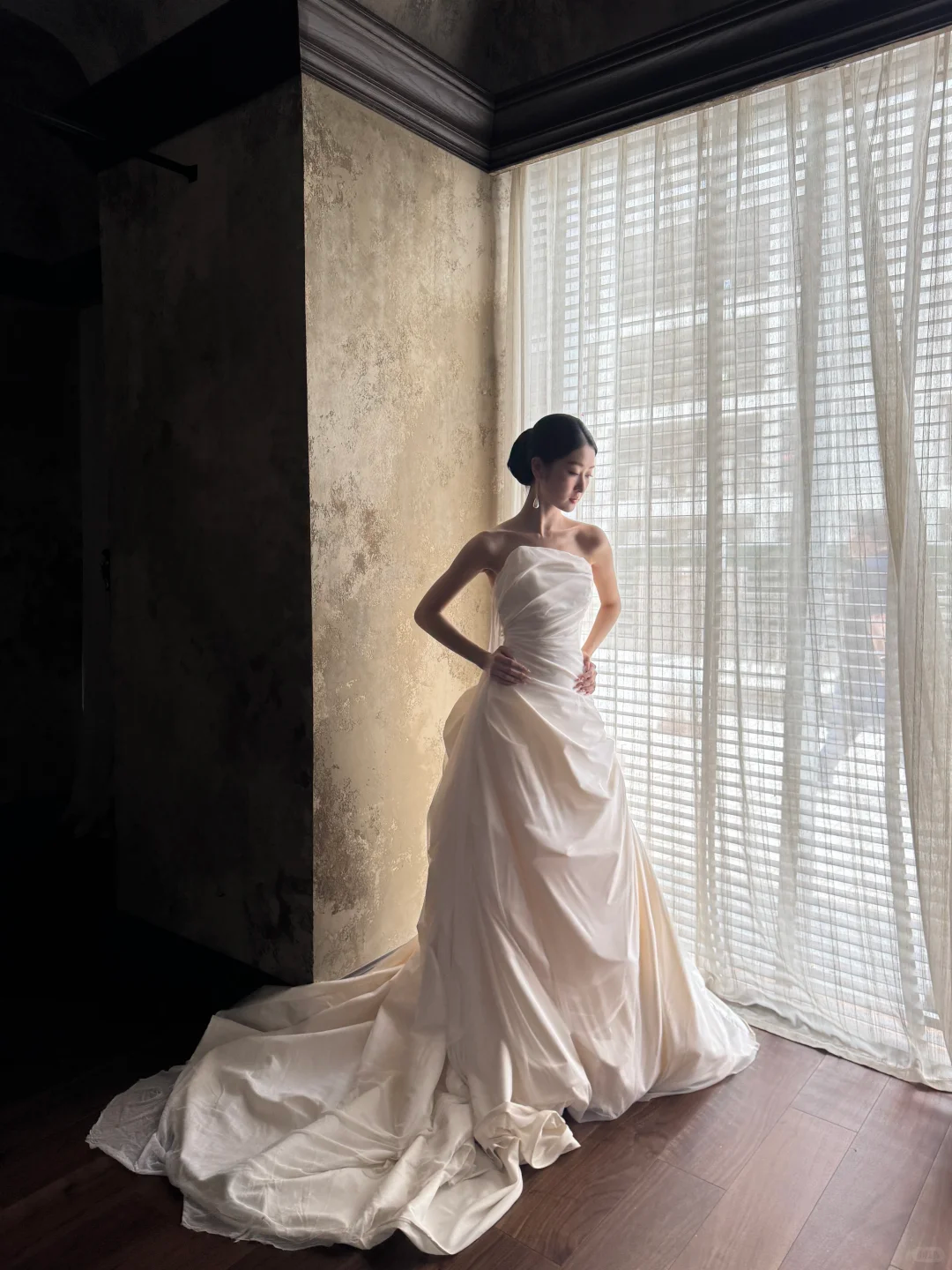 Ivory Strapless Draped Ruched Satin A-Line Wedding Gown  NV7190