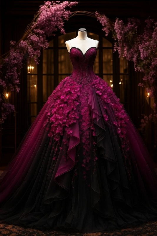 Robe de soirée NiceVestidos - Tulle dégradé violet-noir, sans bretelles, à motif floral 3D et traîne au sol NV6161