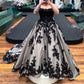 Robe de soirée spectaculaire en dentelle foncée gris-noir dégradé | Traîne en tulle pailleté, sans bretelles/à fines bretelles | NV6323