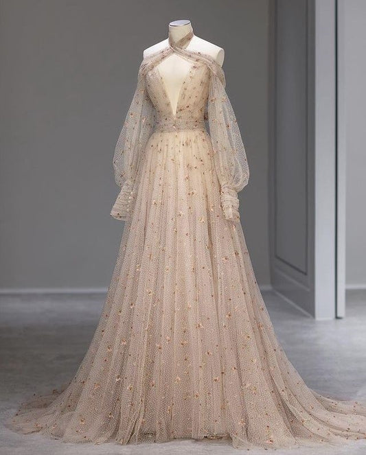 Nude Pink Gorgeous Shiny Fashion V-neck Exquisite Floral Long Sleeves Elegant Tulle Evening Dress Ball Gown Party Dress Prom Dress nv3812