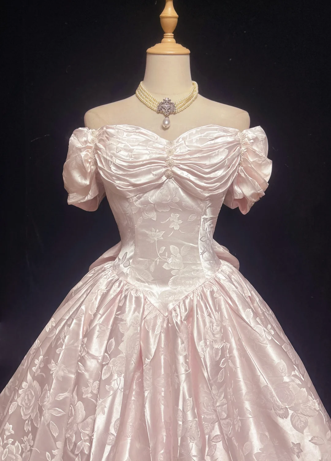 Off Shoulder Pale Pink Vintage Tea Length Prom Dress Jacquard Satin Puff Sleeve Floral Pattern A-Line Formal Gown  NV6900