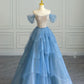 Blue elegant exquisite rhinestone beading short sleeve long tulle ball gown evening dress nv3802