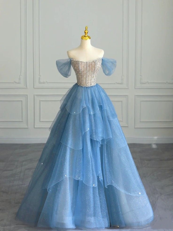Blue elegant exquisite rhinestone beading short sleeve long tulle ball gown evening dress nv3802